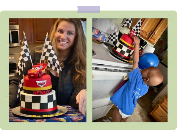 woman and kid with pixar cars cake