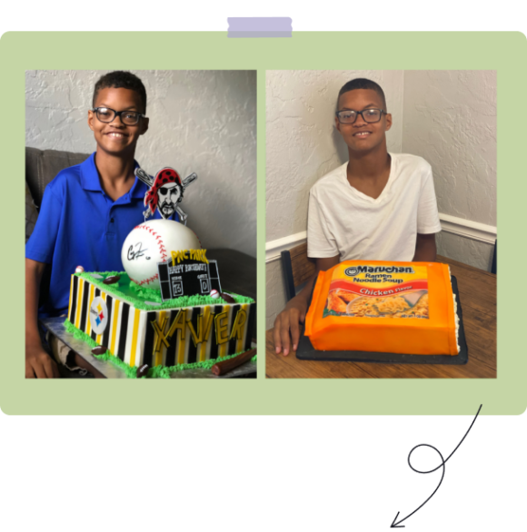 collage of Xavier posing with cake